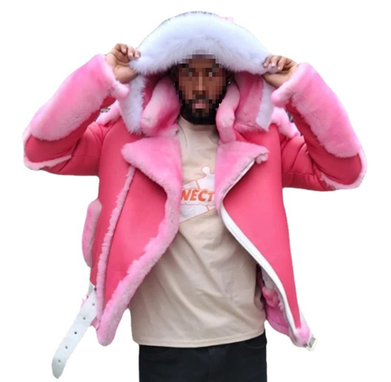 Férfi műbőr stílusú kabát kapucnival és nagy szőrme gallérral, zipzár, poliészter bélés, vastag, laza szabás, oldalsó zsebek, téli ruházat