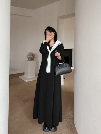 Платье в стил колежански, дълго, А-линия, с яка и бродерия, плат Tencel Rice Grain Air Layer