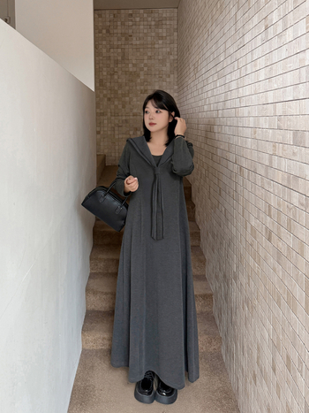 Платье в стил колежански, дълго, А-линия, с яка и бродерия, плат Tencel Rice Grain Air Layer