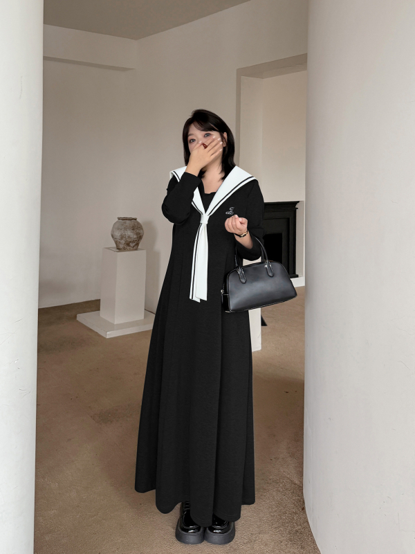 Платье в стил колежански, дълго, А-линия, с яка и бродерия, плат Tencel Rice Grain Air Layer