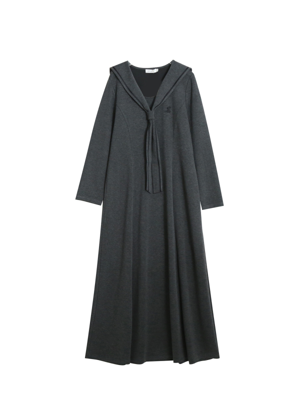 Платье в стил колежански, дълго, А-линия, с яка и бродерия, плат Tencel Rice Grain Air Layer