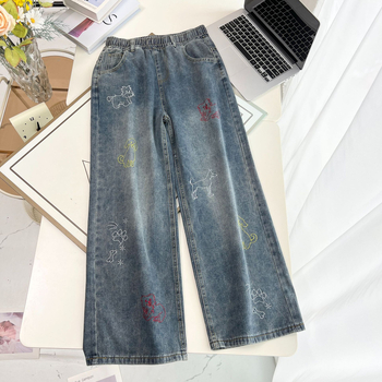 Дънкови прави панталони с бродиран карикатурен мотив, еластична висока талия, памук 50-70%