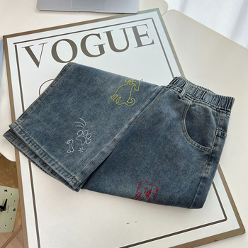 Дънкови прави панталони с бродиран карикатурен мотив, еластична висока талия, памук 50-70%