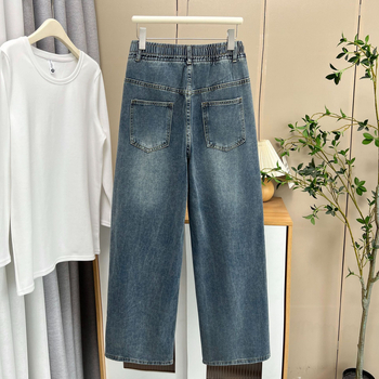 Дънкови прави панталони с бродиран карикатурен мотив, еластична висока талия, памук 50-70%