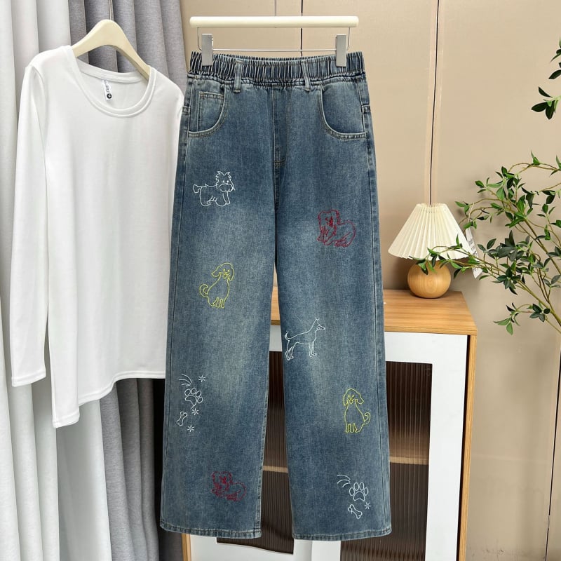 Дънкови прави панталони с бродиран карикатурен мотив, еластична висока талия, памук 50-70%