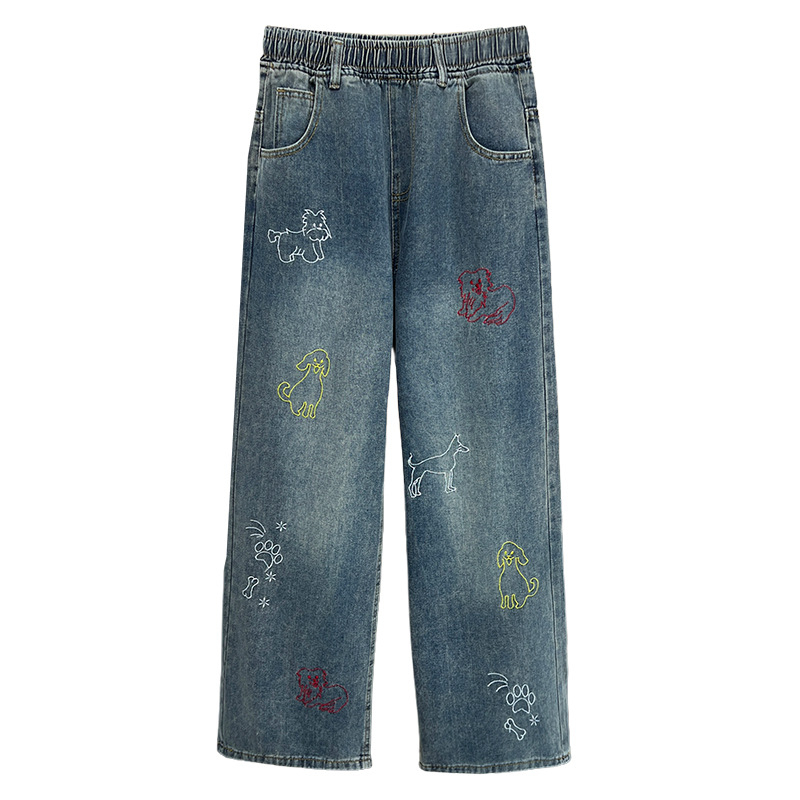 Дънкови прави панталони с бродиран карикатурен мотив, еластична висока талия, памук 50-70%