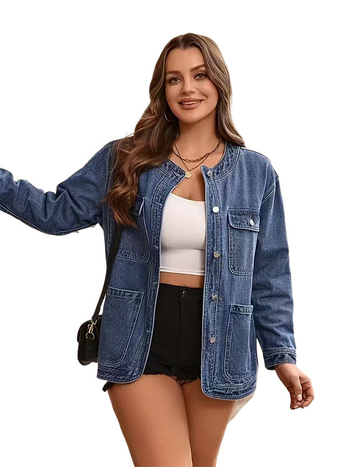 Qianying Džins jakna s pamukom-elastanom, dugi rukavi, kragna s reverom, duljina 50–65 cm, retro stil