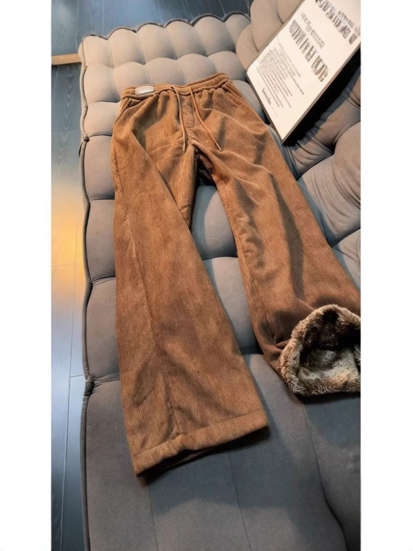 Corduroy hlače s fleec podstavom, ravni kroj, srednji struk, vezanje šnuralom, zimske svakodnevne hlače