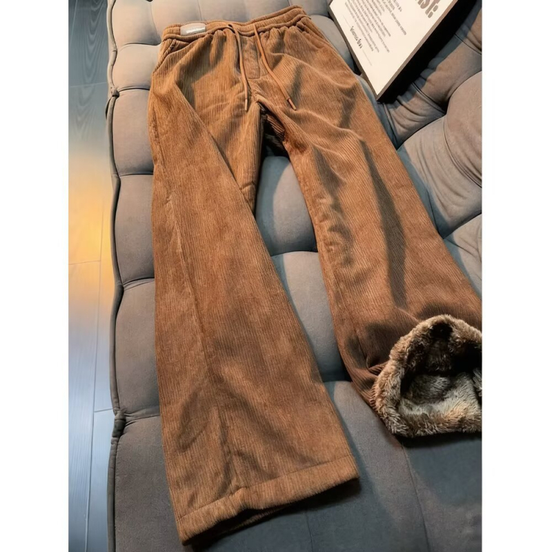 Corduroy hlače s fleec podstavom, ravni kroj, srednji struk, vezanje šnuralom, zimske svakodnevne hlače