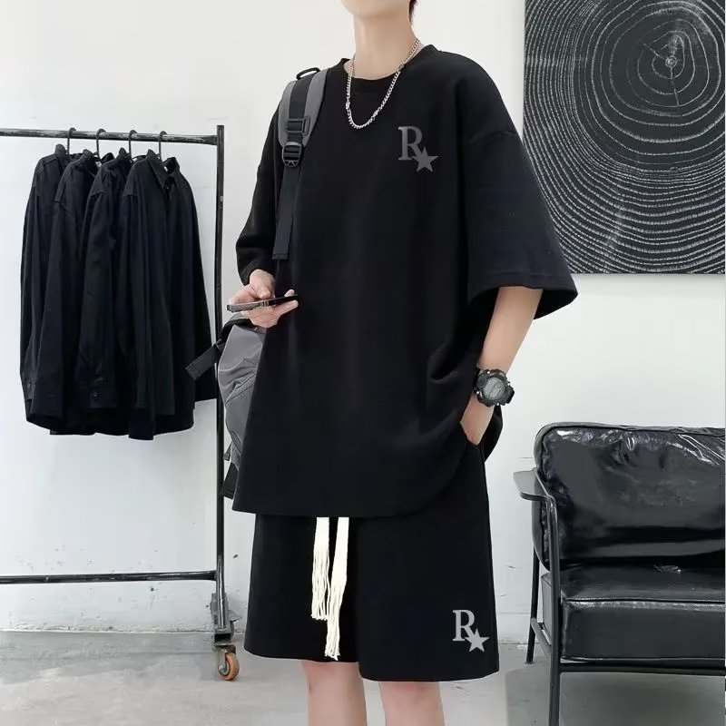 Set din două piese pentru bărbați cu tricou de mânecă scurtă și șorturi, țesătură waffle, din amestec de bumbac