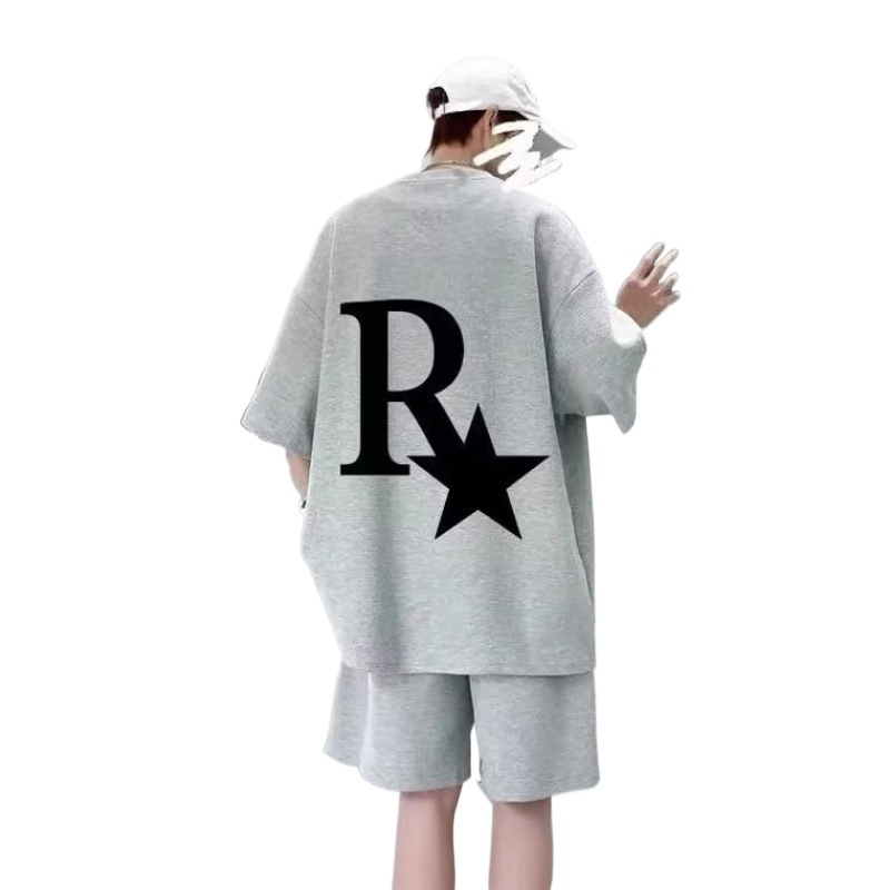 Set din două piese pentru bărbați cu tricou de mânecă scurtă și șorturi, țesătură waffle, din amestec de bumbac