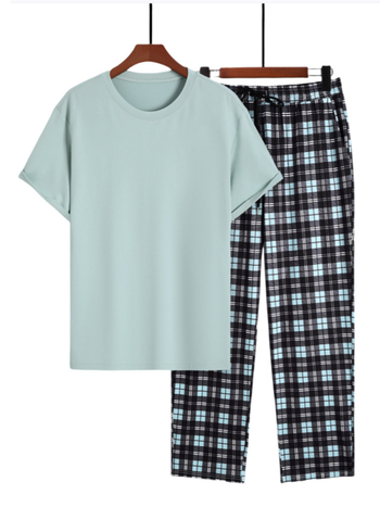 Мъжки ежедневен двучлен комплект: къс ръкав T-shirt с каре модел и дълги панталони; полиестер 95% + еластан 5%; за четири сезона