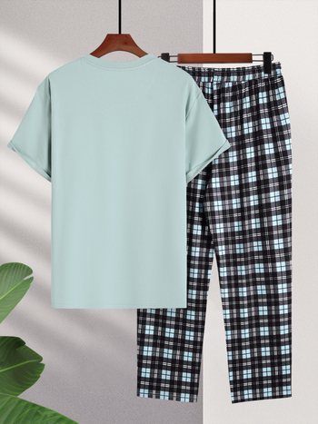 Мъжки ежедневен двучлен комплект: къс ръкав T-shirt с каре модел и дълги панталони; полиестер 95% + еластан 5%; за четири сезона