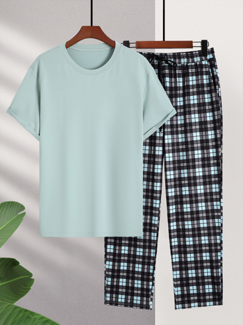 Мъжки ежедневен двучлен комплект: къс ръкав T-shirt с каре модел и дълги панталони; полиестер 95% + еластан 5%; за четири сезона