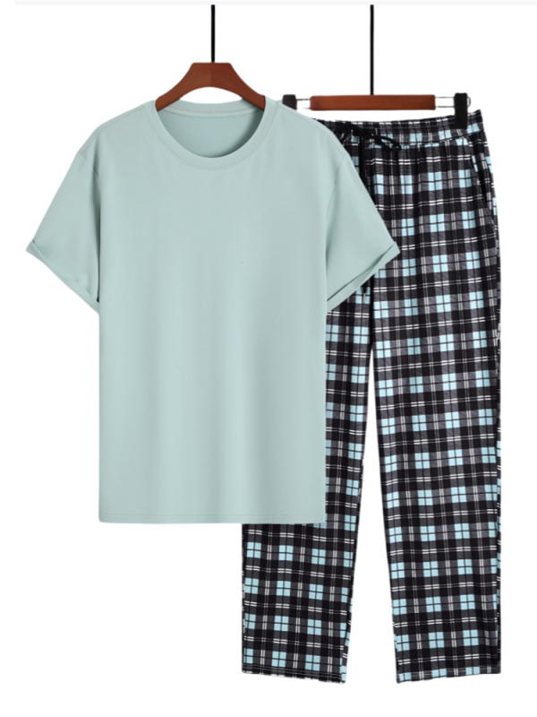 Мъжки ежедневен двучлен комплект: къс ръкав T-shirt с каре модел и дълги панталони; полиестер 95% + еластан 5%; за четири сезона