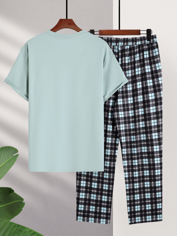 Мъжки ежедневен двучлен комплект: къс ръкав T-shirt с каре модел и дълги панталони; полиестер 95% + еластан 5%; за четири сезона