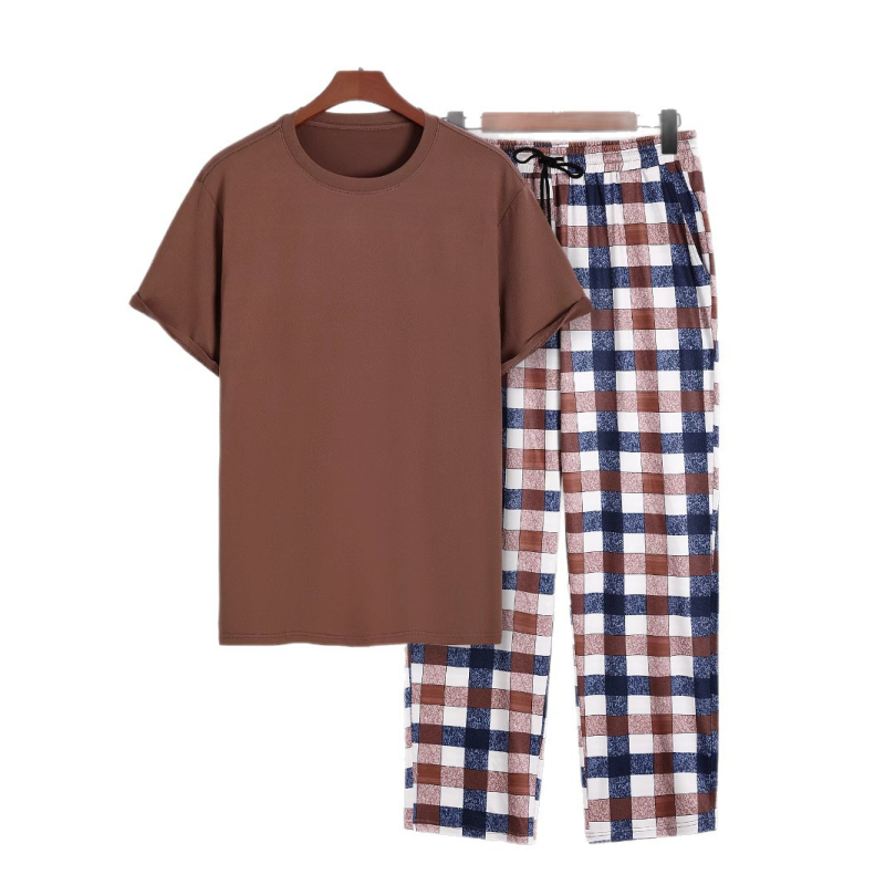 Мъжки ежедневен двучлен комплект: къс ръкав T-shirt с каре модел и дълги панталони; полиестер 95% + еластан 5%; за четири сезона