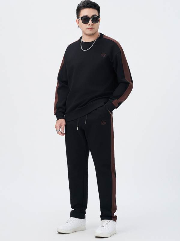Мъжки спортен комплект: пуловер с бродерия и панталони, кръгло деколте, дълги ръкави; полиестер-памук-еластан смес; есен 2025.