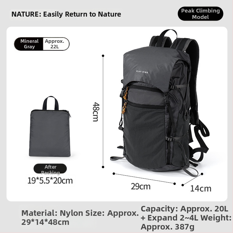 Turistický batoh ultralehký, skladací, nepremokavý, s veľkým objemom; nylon, unisex, zakrivené ramenné popruhy
