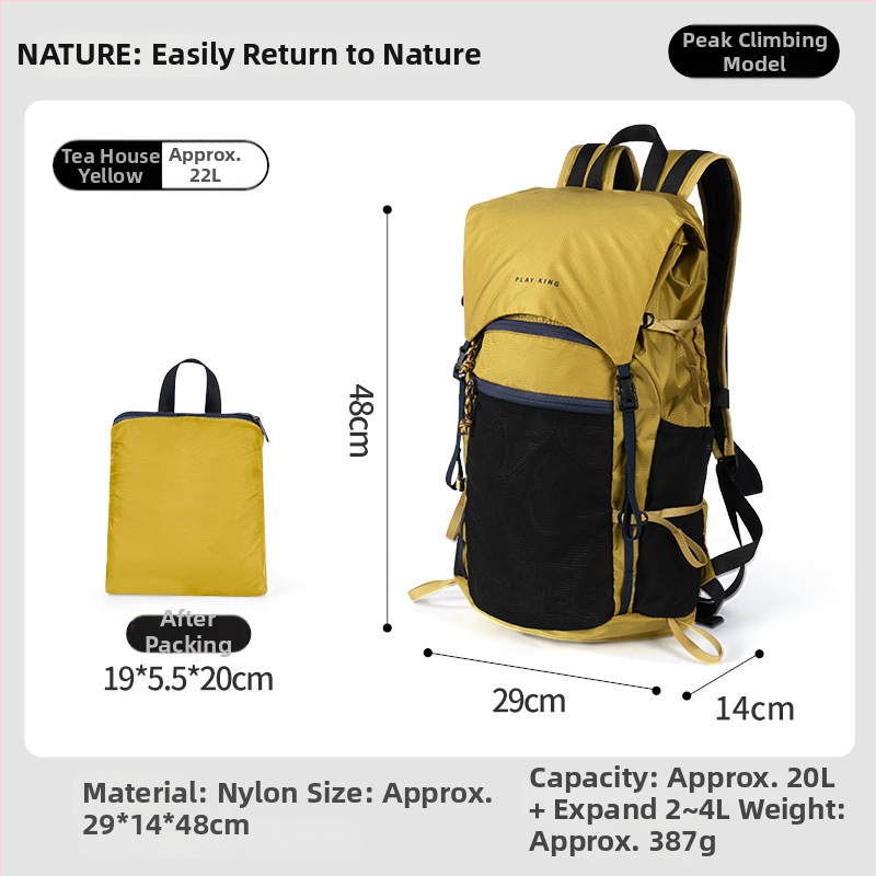 Turistický batoh ultralehký, skladací, nepremokavý, s veľkým objemom; nylon, unisex, zakrivené ramenné popruhy