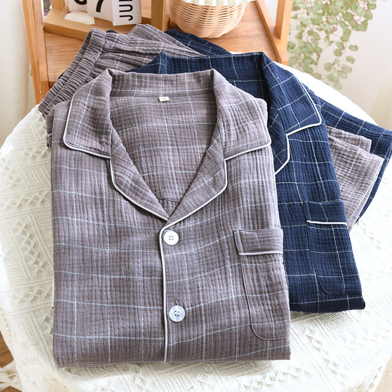 Pijamale bărbătești din bumbac în carouri, cu gulă rever, mâneci lungi, material subțire, croială lejeră pentru confort acasă primăvară-toamnă