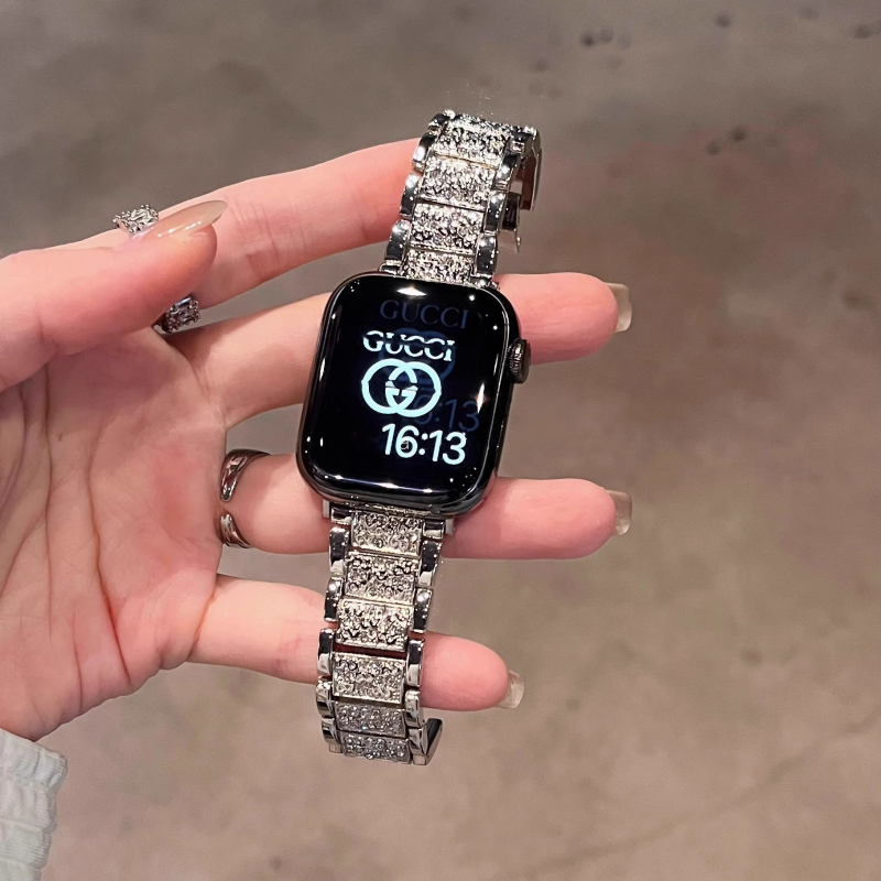 Metalni kaiš za sat s tri bisera i potpuno dijamantnim dizajnom, kompatibilan s Apple Watch S10 i Huawei GT345, 50 g, širina 14/20 mm, kopča snap.