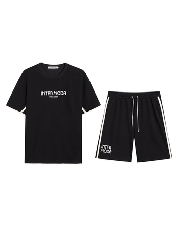 Плюс-сайз мъжки комплект от две части: T‑шърт с къс ръкав и къси панталони с foam принт за лято (Материал: 75,4% памук, 24,6% полиестер; Ръкав: къс; Долна част: шорти; Сезон: лято)