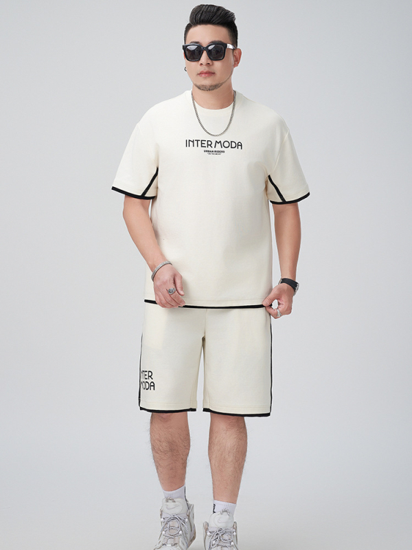 Плюс-сайз мъжки комплект от две части: T‑шърт с къс ръкав и къси панталони с foam принт за лято (Материал: 75,4% памук, 24,6% полиестер; Ръкав: къс; Долна част: шорти; Сезон: лято)