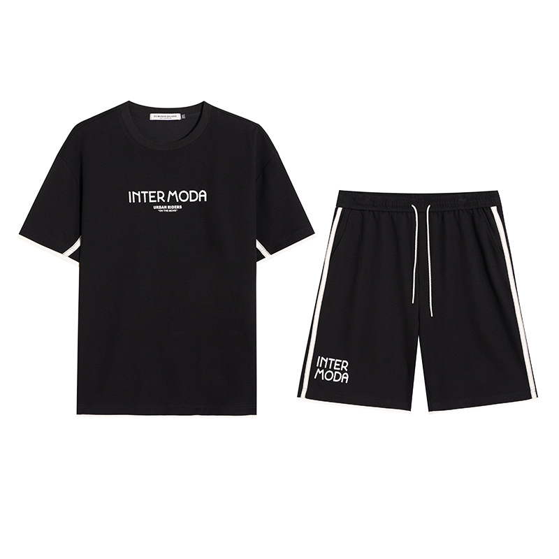Плюс-сайз мъжки комплект от две части: T‑шърт с къс ръкав и къси панталони с foam принт за лято (Материал: 75,4% памук, 24,6% полиестер; Ръкав: къс; Долна част: шорти; Сезон: лято)