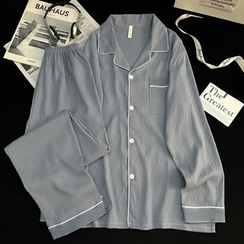 Мъжки пижами в стил кардиган, тънка полиестерно-памучна смес, реверен яка, дълги ръкави, панталони, пролетно-есенно домашно облекло за носене навън