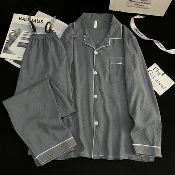 Мъжки пижами в стил кардиган, тънка полиестерно-памучна смес, реверен яка, дълги ръкави, панталони, пролетно-есенно домашно облекло за носене навън