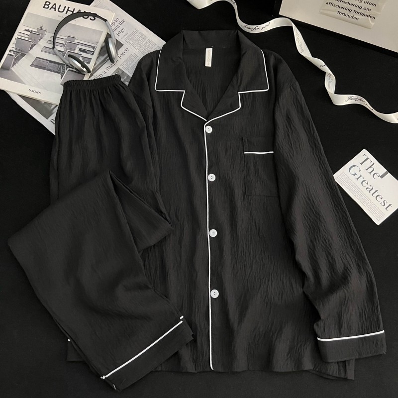 Мъжки пижами в стил кардиган, тънка полиестерно-памучна смес, реверен яка, дълги ръкави, панталони, пролетно-есенно домашно облекло за носене навън