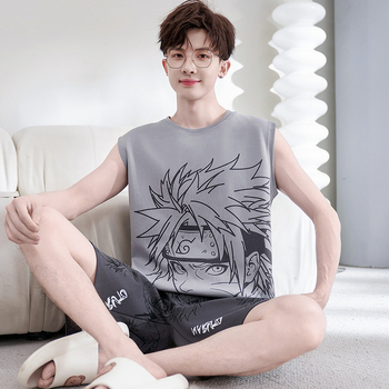 Мъжки комплект пижами: 100% памук, тънък плат, кръгла яка, горнище без ръкави и къси панталони, лято 2025