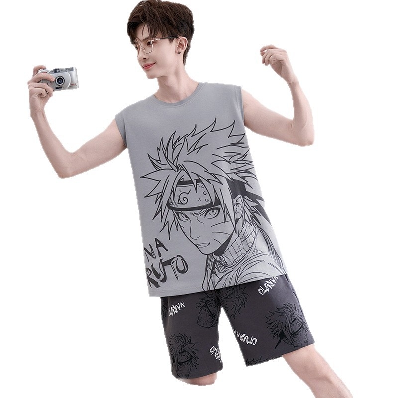 Мъжки комплект пижами: 100% памук, тънък плат, кръгла яка, горнище без ръкави и къси панталони, лято 2025