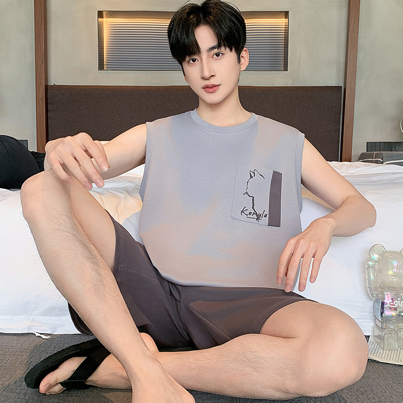 Мъжки комплект пижами: 100% памук, тънък плат, кръгла яка, горнище без ръкави и къси панталони, лято 2025