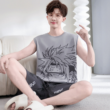 Комплект пижами за мъже за лято - топ без ръкав и шорти, 100% памук, тънък плат (100% памук, тънък плат 101-120 г/м², без ръкав, шорти, за лято)