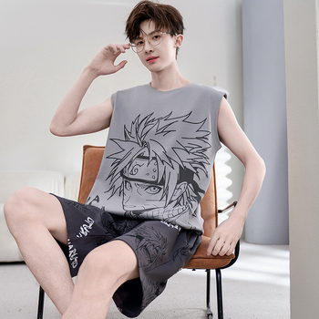 Комплект пижами за мъже за лято - топ без ръкав и шорти, 100% памук, тънък плат (100% памук, тънък плат 101-120 г/м², без ръкав, шорти, за лято)