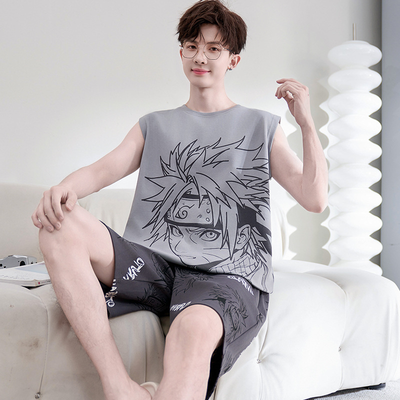 Комплект пижами за мъже за лято - топ без ръкав и шорти, 100% памук, тънък плат (100% памук, тънък плат 101-120 г/м², без ръкав, шорти, за лято)