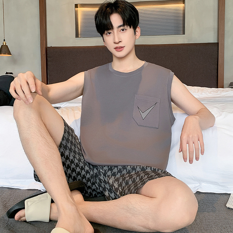 Комплект пижами за мъже за лято - топ без ръкав и шорти, 100% памук, тънък плат (100% памук, тънък плат 101-120 г/м², без ръкав, шорти, за лято)