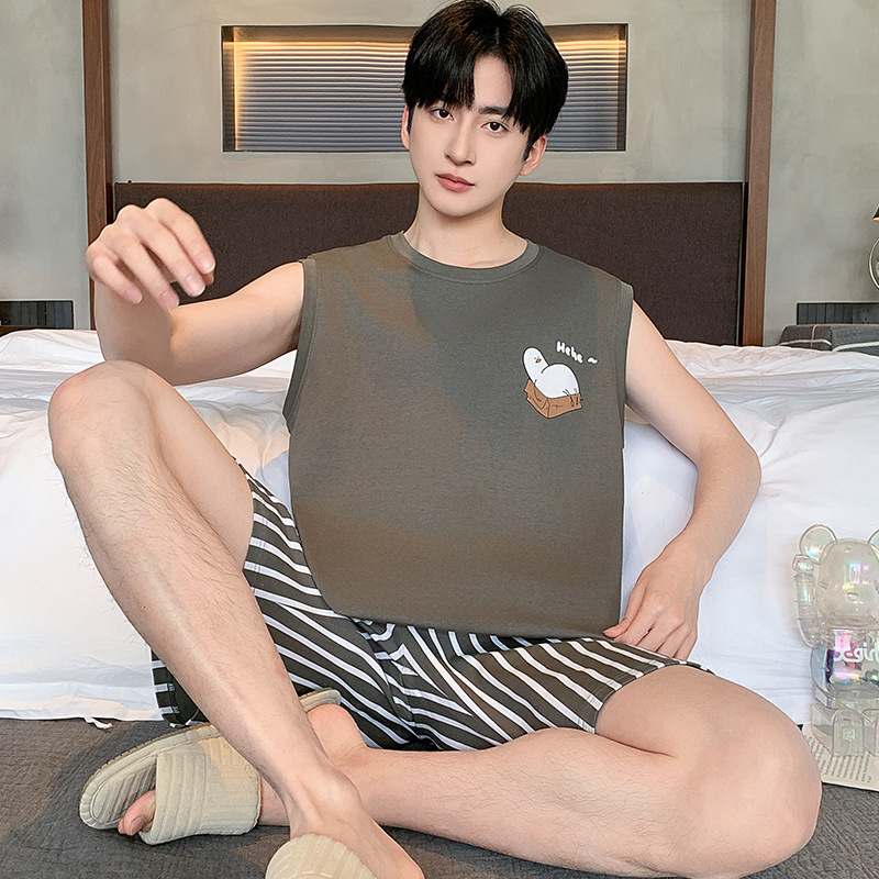 Комплект пижами за мъже за лято - топ без ръкав и шорти, 100% памук, тънък плат (100% памук, тънък плат 101-120 г/м², без ръкав, шорти, за лято)