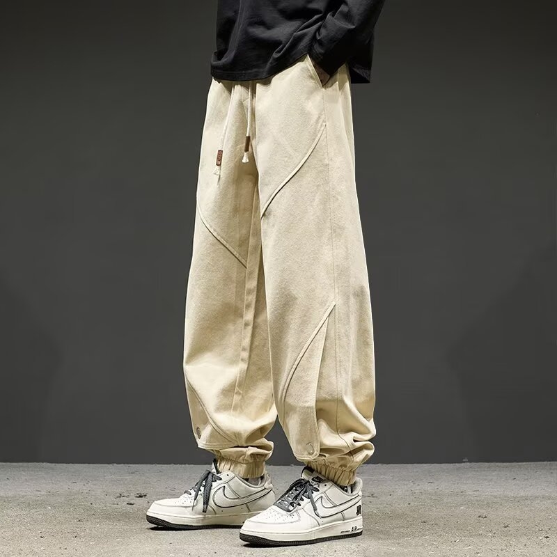 Muške japanski stil casual hlače, širokog kroja, srednji pojas, vezanje, proljeće–jesen, pamuk-poliester