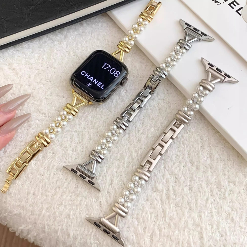 Βραχιόλι από κράμα με μαργαριταρένιες λεπτομέρειες, συμβατό με Xiaomi 89 Series και Apple Watch, λογοτεχνικό ρετρό στυλ, Άνοιξη 2025