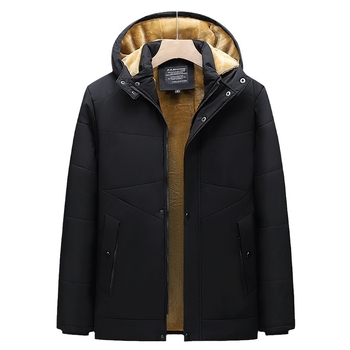 Vyriškas žieminis vidutinio ilgio paltas su gobtuvu, fliso pamušalas, užtrauktukas ir šoninės kišenės