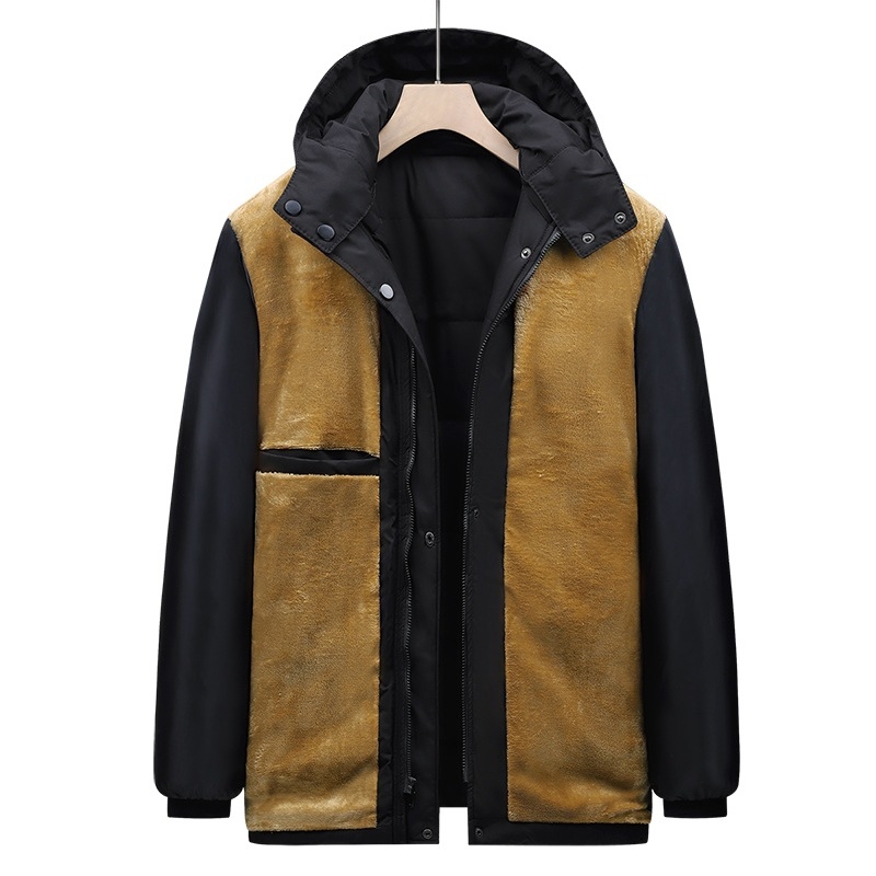 Vyriškas žieminis vidutinio ilgio paltas su gobtuvu, fliso pamušalas, užtrauktukas ir šoninės kišenės