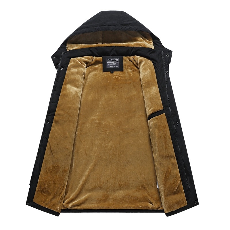 Vyriškas žieminis vidutinio ilgio paltas su gobtuvu, fliso pamušalas, užtrauktukas ir šoninės kišenės