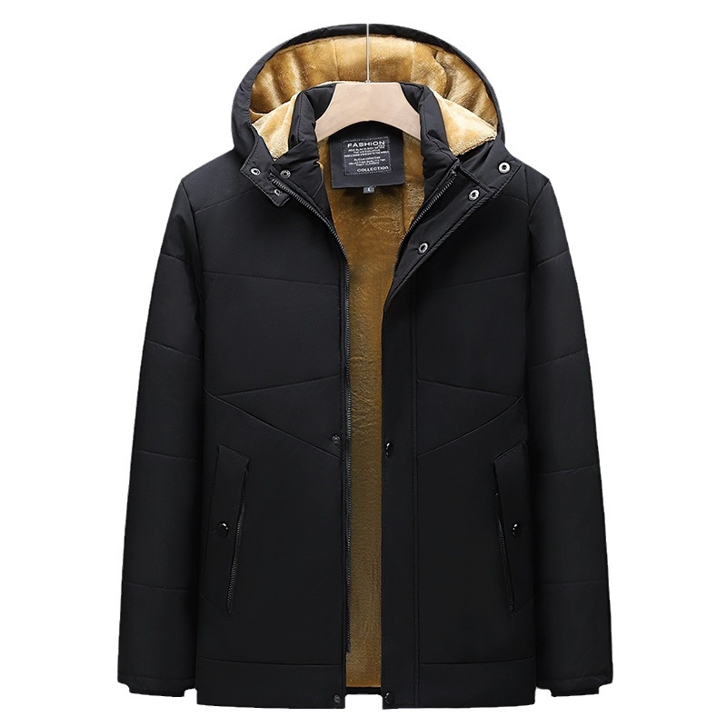 Vyriškas žieminis vidutinio ilgio paltas su gobtuvu, fliso pamušalas, užtrauktukas ir šoninės kišenės