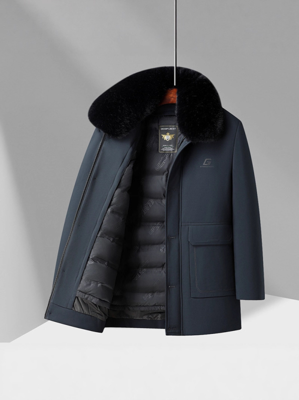 Zimska vanjska jakna za muškarce srednje dobi i starije s odvojivom unutarnjom podstavom, debeli poliester, srednja duljina, zatvarač sprijeda, džepovi s preklopom