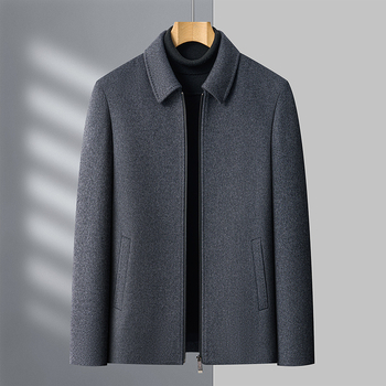 Ανδρικό μπουφάν κορεατικού στυλ με γιακά τύπου πέτο, μπροστινό φερμουάρ και επένδυση από λευκό χήνας πουπουλό