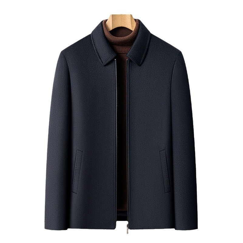 Ανδρικό μπουφάν κορεατικού στυλ με γιακά τύπου πέτο, μπροστινό φερμουάρ και επένδυση από λευκό χήνας πουπουλό