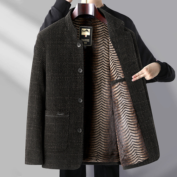 Muško vuneno jakna srednje duljine, stojeći ovratnik, jednodijelno kopčanje, fleece podstava, zimska vanjska odjeća, poslovni stil